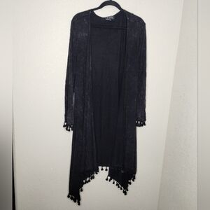 POL Long Black Tassel Trim Open Front Cardigan Women's Size Medium